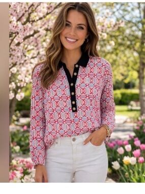 J. McLaughlin White w Pink Blue Pattern Catalina Cloth Long Sleeve Polo Top S